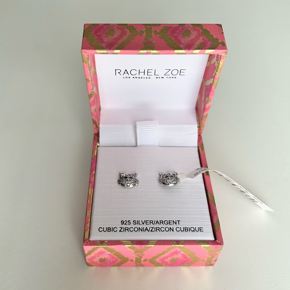 NWT RACHEL ZOE 925 Silver, Cubic Zirconia, Cat Stud Earrings - Picture 3 of 4